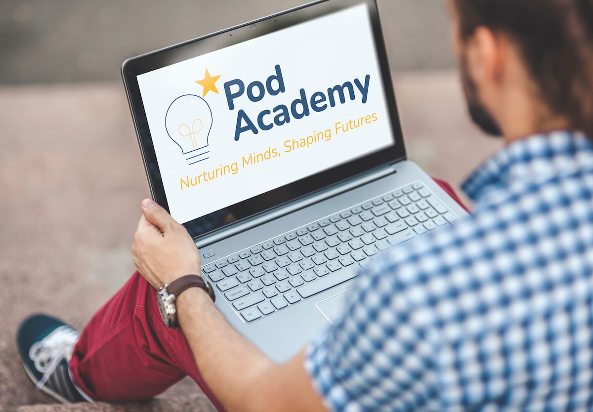 Pod Academy educational center logo with friendly and modern style