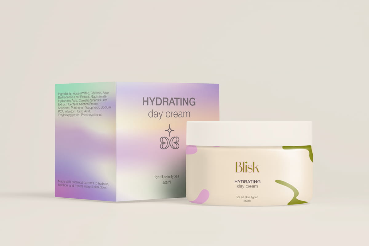 Blisk hydrating day cream jar and pastel gradient box with pink and olive green graphic details.
