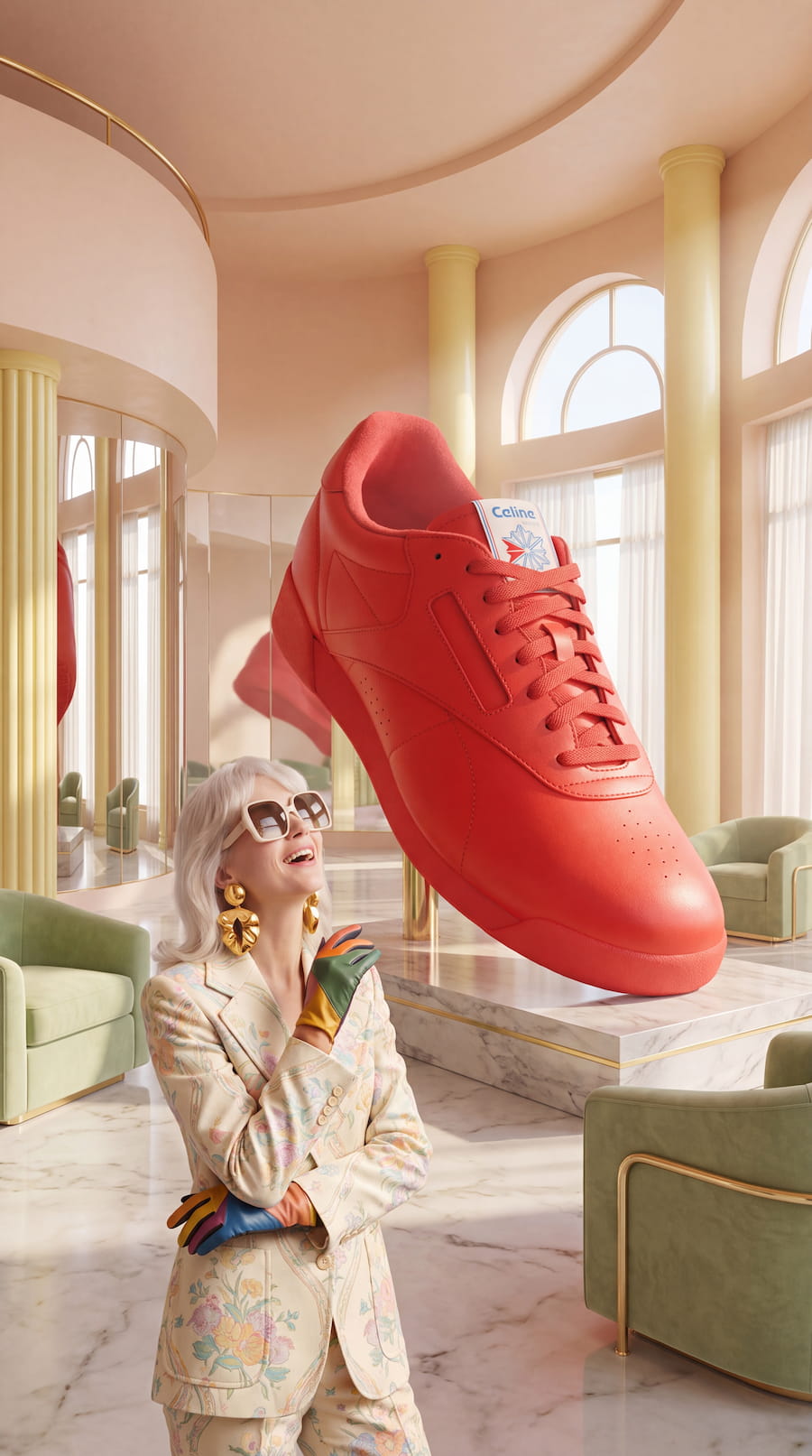 AI-generated fashion campaign visual featuring an oversized red Celine × Reebok Freestyle Lo sneaker and a model in a pastel luxury interior.