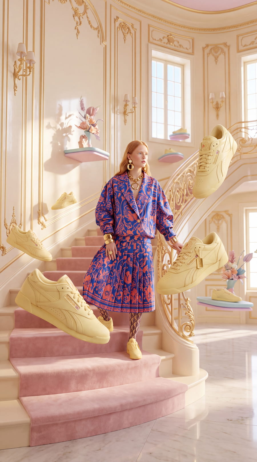 AI-generated surreal fashion scene featuring a model on an ornate pink staircase surrounded by oversized pale yellow Reebok sneakers.