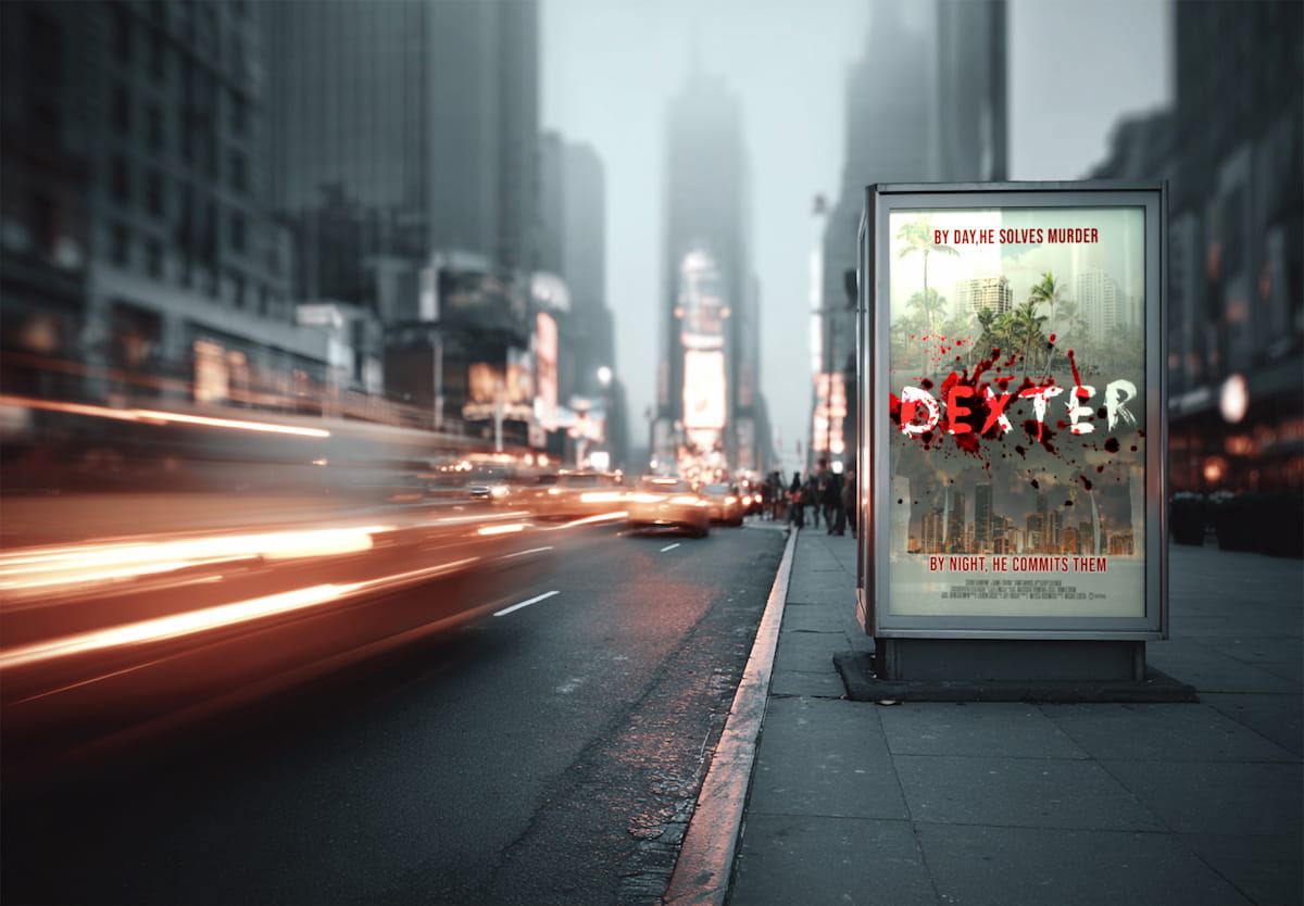 Dexter poster design detail with expressive typography and red and white color contrast symbolizing inner conflict