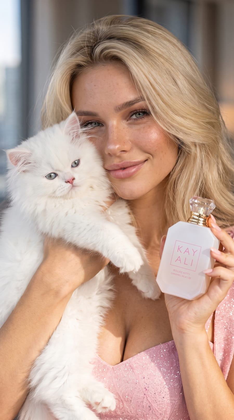 Blonde woman holding a fluffy white kitten and a KAYALI Boujee Kitty Caramel Milk perfume bottle in a pink-toned beauty campaign image.