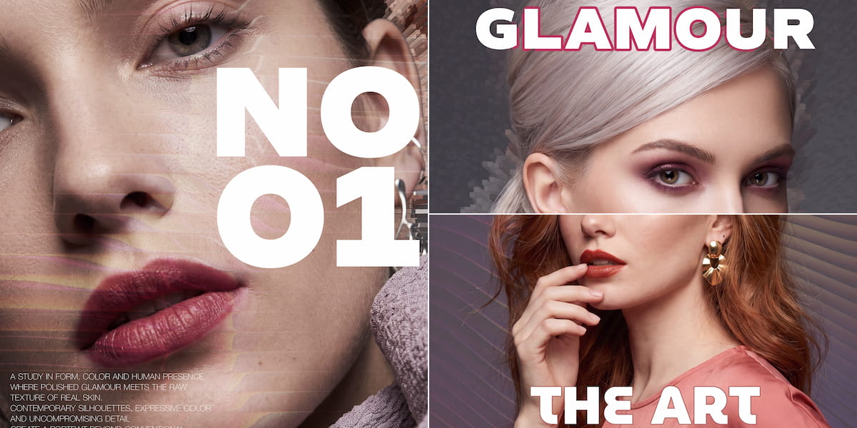Beauty editorial poster composition featuring close-up portraits of two female models, oversized white typography, burgundy accents, and layered graphic lines in a contemporary fashion magazine style.