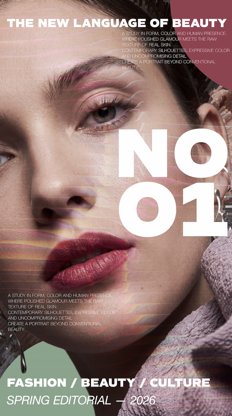 Beauty editorial poster featuring a close-up female portrait with pink and burgundy makeup, layered graphic lines, and oversized white “NO 01” typography.