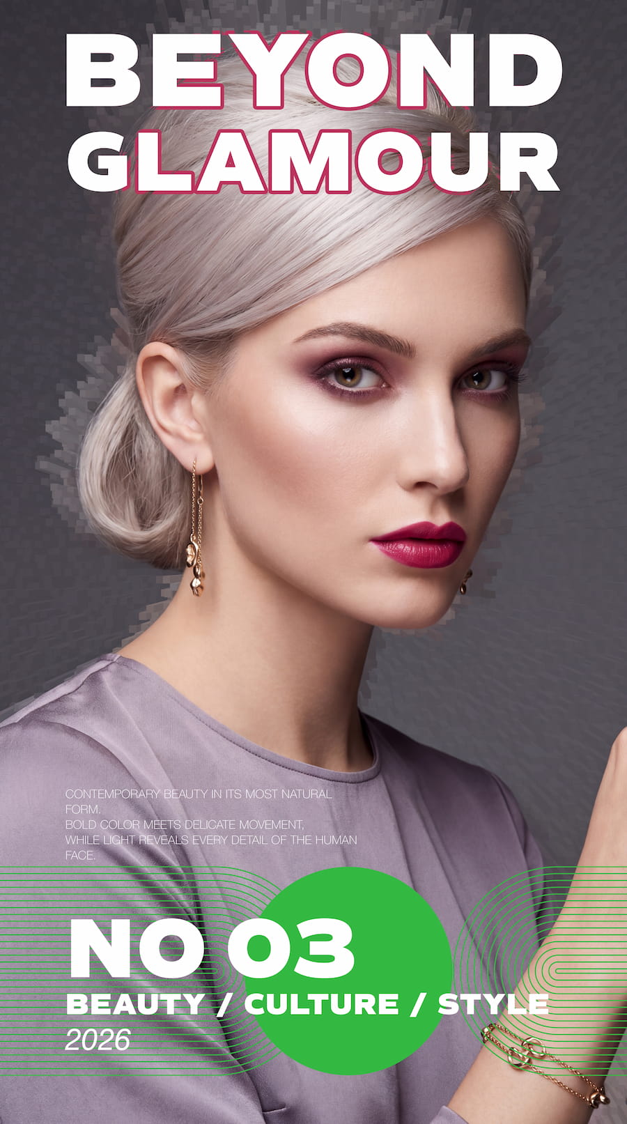 Beauty editorial poster featuring a blonde model in a lavender top, bold white typography, and a bright green circular graphic element.