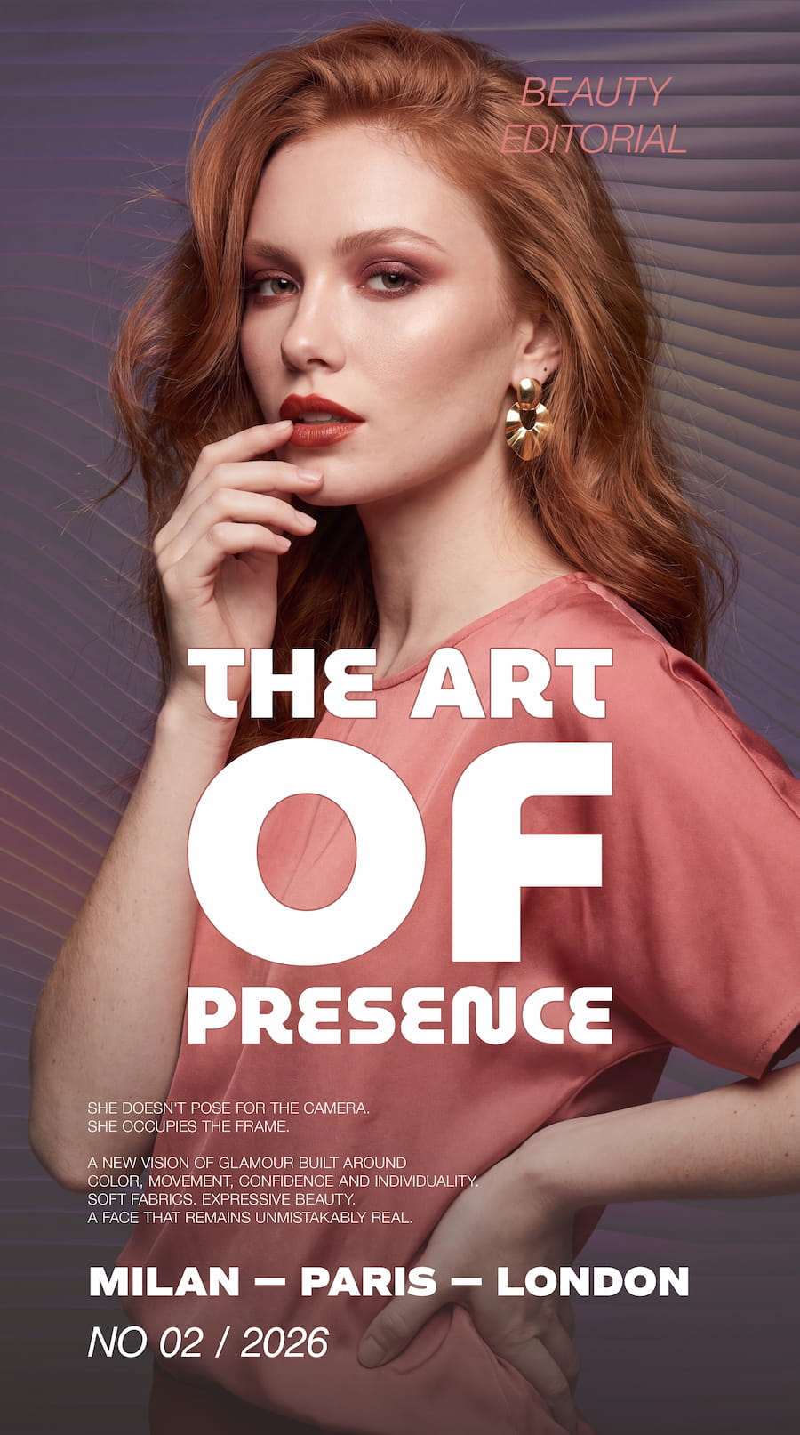 Beauty editorial poster featuring a red-haired model in a coral top against a muted purple background, with bold white typography reading “The Art of Presence”.