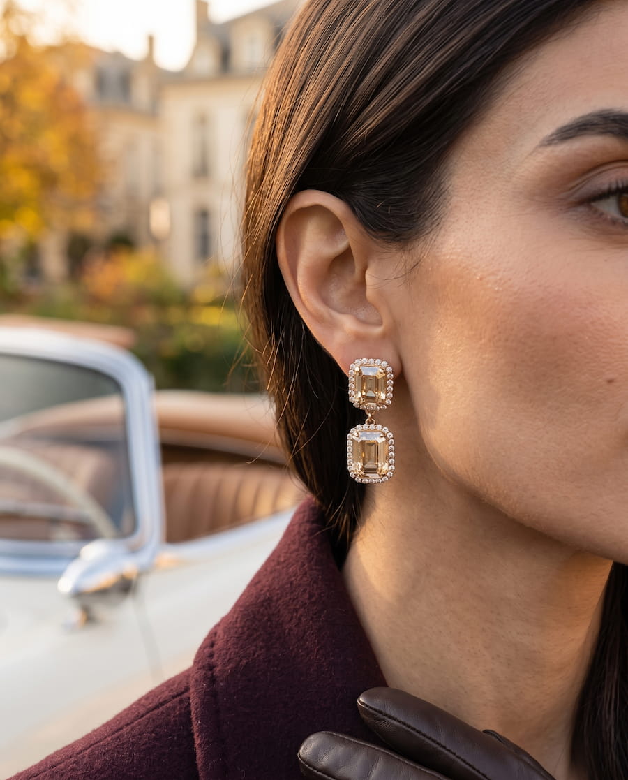 Close-up editorial image of a woman wearing gold statement earrings with sparkling stones, styled against a warm neutral background.